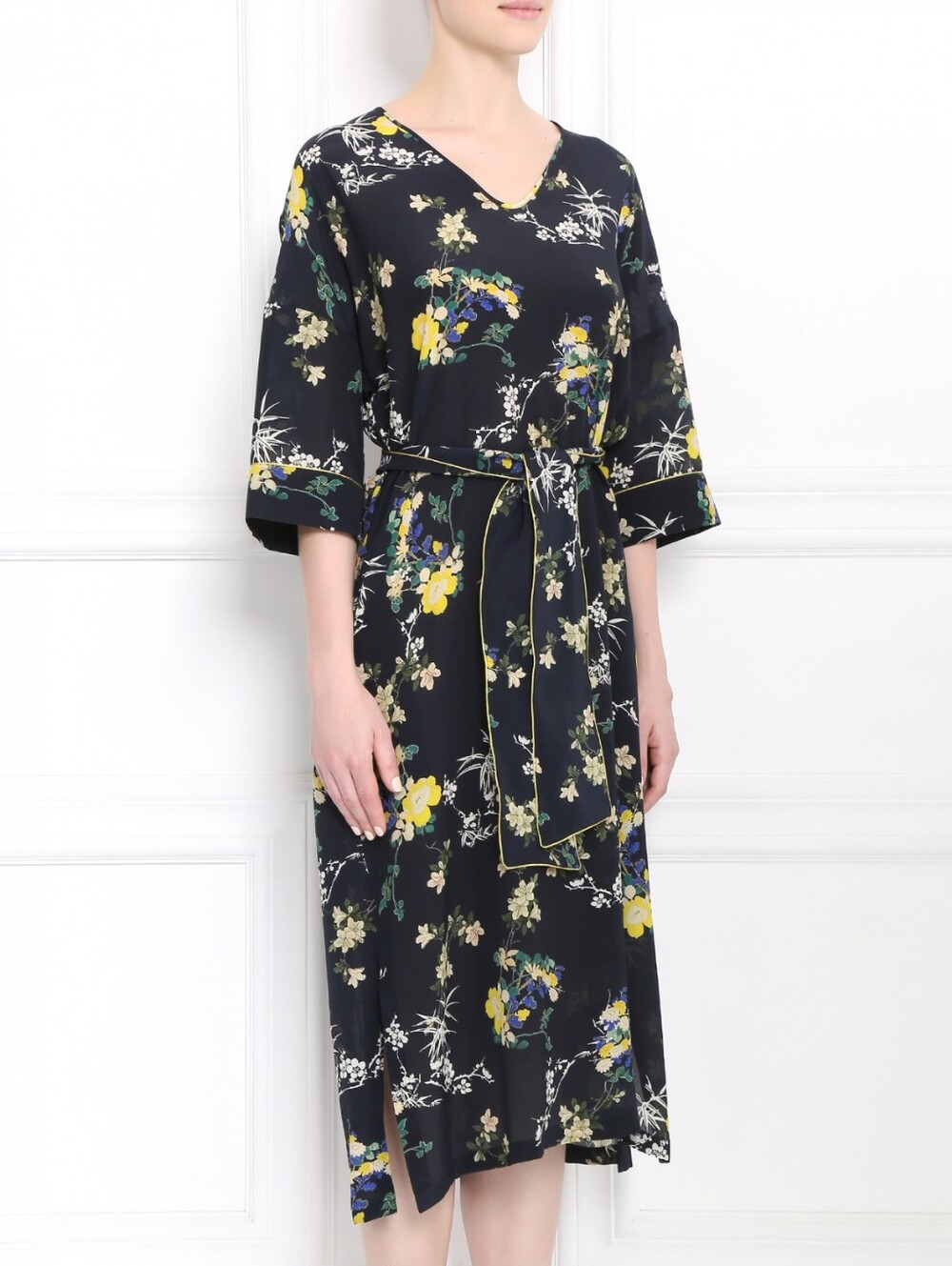 NWT Weekend Max Mara Fiorire Silk Kimono Midi Dress Navy Blue Floral 8 / IT 42